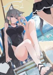 Rule 34 | 3girls, absurdres, animal ear fluff, animal ears, bare arms, bare legs, beach, beach chair, beach umbrella, black one-piece swimsuit, blue archive, blue eyes, blue sky, bottle, breasts, cloud, competition swimsuit, covered navel, earrings, feet, grey hair, halo, head tilt, highres, holding, holding bottle, hoshino (blue archive), hoshino (swimsuit) (blue archive), jewelry, kilabo, knee up, large breasts, legs, looking at viewer, medium hair, mismatched pupils, multiple girls, ocean, one-piece swimsuit, sand, sandals, serika (blue archive), serika (swimsuit) (blue archive), shiroko (blue archive), shiroko (swimsuit) (blue archive), sketch, sky, solo focus, stud earrings, swimsuit, toes, umbrella, water, water bottle, wet, wolf ears, wolf girl