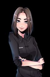 Rule 34 | 1girl, black background, black eyes, black shirt, blue nails, collared shirt, commentary request, crossed arms, highres, looking at viewer, nail polish, samantha rodrigues, samsung, samsung sam, shirt, simple background, smile, solo, upper body