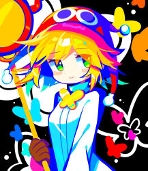 Rule 34 | 1girl, absurdres, amitie (puyopuyo), black background, blonde hair, blush stickers, brown gloves, dot nose, gloves, green eyes, highres, holding, holding staff, long sleeves, looking to the side, offbeat, puyopuyo, puyopuyo fever, red amitie, red headwear, robe, short hair, smile, solo, staff, upper body, white robe