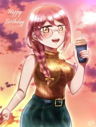 Rule 34 | 1girl, alternate hairstyle, artist name, artist request, bare shoulders, blue skirt, blush, bow, braid, breasts, brown eyes, brown sweater, cloud, cup, dress, female focus, glasses, hair between eyes, hair bow, hair over shoulder, highres, holding, holding cup, long hair, looking at viewer, love live!, love live! sunshine!!, medium breasts, miniskirt, mochi831 sakura, orange bow, orange sky, outdoors, parted lips, plaid, plaid skirt, pleated, pleated skirt, red eyes, red hair, sakurauchi riko, single braid, skirt, sky, smile, solo, sweater, sweater vest, turtleneck, turtleneck sweater, yellow eyes