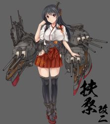 Rule 34 | 1girl, alternate costume, anchor, bad id, bad pixiv id, black hair, boots, cannon, character name, floral print, full body, fusou (kancolle), grey background, hair ornament, hakama, hakama short skirt, hakama skirt, highres, hip vent, japanese clothes, kantai collection, long hair, nontraditional miko, panties, red eyes, red hakama, rhineheim, rigging, short sleeves, side-tie panties, sidelocks, simple background, skirt, smile, solo, standing, tasuki, thigh boots, thighhighs, turret, underwear, white panties