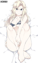 Rule 34 | 1girl, anchor symbol, bad anatomy, bare arms, bare legs, bare shoulders, barefoot, bed sheet, bikini, black bikini, blonde hair, blue eyes, breasts, character name, cleavage, clothes writing, collarbone, full body, hornet (kancolle), kantai collection, large breasts, long hair, looking at viewer, open mouth, shigino sohuzi, solo, star (symbol), swimsuit, toes
