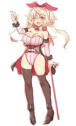 Rule 34 | 1girl, ;d, alternate costume, bare shoulders, black thighhighs, blonde hair, blush, bow, breasts, cane, coat, detached collar, detached sleeves, elsie-san (oshiruko), fang, frilled thighhighs, frills, full body, hair bow, hair ribbon, high heels, large breasts, leotard, looking at viewer, one eye closed, open mouth, original, oshiruko (tsume), red eyes, ribbed leotard, ribbon, short hair with long locks, showgirl skirt, smile, solo, thighhighs, two side up, wavy hair, wrist cuffs