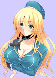 Rule 34 | 10s, 1girl, aqua eyes, atago (kancolle), beret, black gloves, blonde hair, blue hat, blush, breast hold, breasts, cleavage, crossed arms, gloves, hand on own chest, hat, kantai collection, kirisaki byakko, large breasts, long hair, looking at viewer, military, military uniform, purple background, simple background, smile, solo, uniform