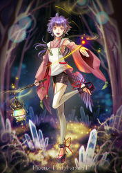 Rule 34 | 1girl, copyright name, crystal, detached sleeves, full body, glowing, grass, holding, japanese clothes, kuroi nyan, lantern, leg up, long hair, looking at viewer, multiple girls, open mouth, original, outstretched hand, pink eyes, pixiv fantasia, pixiv fantasia t, platform footwear, purple hair, ribbon, sandals, solo, standing, standing on one leg, tree, wide sleeves, wings
