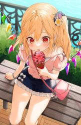 Rule 34 | 1girl, alternate costume, artist name, bag, bench, blonde hair, blush, bow, bracelet, crystal, earrings, fang, flandre scarlet, flower, food, gotou (nekocat), hair between eyes, hair flower, hair ornament, handbag, highres, holding, holding food, ice cream, ice cream cone, jewelry, nail polish, no headwear, one side up, open mouth, outdoors, pointy ears, red eyes, scrunchie, short sleeves, sitting, skirt, solo, touhou, white bow, wings
