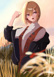 Rule 34 | 1girl, :o, absurdres, arm up, black jacket, blonde hair, blurry, blush, bug, depth of field, dragonfly, dress, earrings, eyelashes, floral print, hat, highres, holding, holding clothes, holding hat, idolmaster, idolmaster shiny colors, insect, jacket, jewelry, looking away, mitei (illust ro), mountainous horizon, off shoulder, open clothes, open jacket, outdoors, red dress, ruffling hair, saijo juri, short hair, solo, sunset, sweater, turtleneck, turtleneck sweater, unworn hat, unworn headwear, wheat field