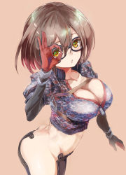 Rule 34 | 1girl, ass, black-framed eyewear, breasts, brown hair, butt crack, camouflage, commentary request, gloves, green eyes, highres, hololive, large breasts, long hair, looking at viewer, mechanical arms, multicolored eyes, navel, no panties, ok sign, ok sign over eye, open mouth, roboco-san, roboco-san (1st costume), short hair, sideless outfit, solo, virtual youtuber, yellow eyes, yohane