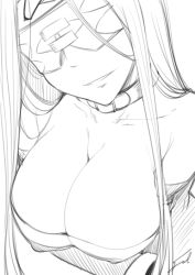 Rule 34 | 1girl, bare shoulders, blindfold, breasts, cleavage, collar, collarbone, dress, facial mark, fate/stay night, fate (series), forehead mark, fue (rhomphair), greyscale, large breasts, long hair, medusa (fate), medusa (rider) (fate), monochrome, solo, strapless, strapless dress, very long hair
