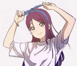 Rule 34 | 1girl, artist name, artist request, blue hairband, blush, bracelet, brown eyes, brown hair, collarbone, dunchy, female focus, hairband, highres, jewelry, long hair, looking at viewer, love live!, love live! sunshine!!, parted lips, red hair, sakurauchi riko, shirt, smile, solo, upper body, white shirt, yellow eyes