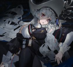 Rule 34 | 1girl, arknights, bare shoulders, black background, black dress, breasts, commentary, dress, grey hair, hair between eyes, hat, highres, large breasts, long hair, long sleeves, looking at viewer, parted lips, red eyes, solo, specter (arknights), specter the unchained (arknights), teasugarr, upper body, very long hair