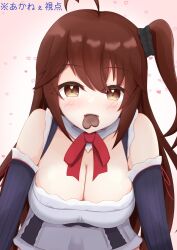 Rule 34 | 1girl, absurdres, ahoge, assault lily, bare shoulders, black dress, black scrunchie, blush, bow, bowtie, breasts, brown hair, candy, chocolate, chocolate heart, cleavage, commentary request, detached sleeves, dress, food, food in mouth, gradient background, hair ornament, hair scrunchie, heart, heart ahoge, heart background, highres, large breasts, leaning forward, long hair, long sleeves, looking at viewer, mouth hold, one side up, parted lips, pink background, red bow, red bowtie, scrunchie, shi cha, sleeveless, sleeveless dress, smile, solo, takasuga tsukushi, teeth, translated, two-tone dress, upper body, upper teeth only, valentine, very long hair, white background, white dress
