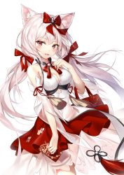 Rule 34 | 1girl, :d, animal ear fluff, animal ears, azur lane, bare shoulders, blush, bow, breasts, cat ears, cleavage, commentary request, detached sleeves, fang, female focus, finger to mouth, hair between eyes, hair bow, highres, holding, long hair, long sleeves, looking at viewer, medium breasts, open mouth, pdxen, pleated skirt, red bow, red eyes, red skirt, shirt, simple background, skirt, sleeveless, sleeveless shirt, smile, solo, standing, twintails, very long hair, white background, white hair, white shirt, white sleeves, wide sleeves, yukikaze (azur lane), yukikaze (winter&#039;s snowy wind) (azur lane)