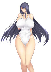 Rule 34 | 10s, 1girl, breasts, curvy, female focus, fusou (kancolle), huge breasts, kantai collection, long hair, looking back, one-piece swimsuit, red eyes, simple background, solo, standing, swimsuit, thigh gap, umino mokuzu (a4 size), white background, white one-piece swimsuit, wide hips