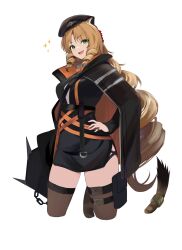 Rule 34 | 1girl, animal ears, arknights, beret, black coat, black hat, black skirt, breasts, brown thighhighs, chain, coat, collared shirt, cowboy shot, cropped legs, drill hair, earpiece, fang, green eyes, hand on own hip, hat, highres, holding, holding weapon, jewelry, long hair, looking at viewer, medium breasts, mikai 2035, miniskirt, open mouth, parted bangs, pouch, ring, shirt, side drill, simple background, skirt, smile, solo, sparkle, standing, swire (arknights), tail, thigh pouch, thighhighs, tiger ears, tiger girl, tiger tail, very long hair, weapon, white background, white shirt