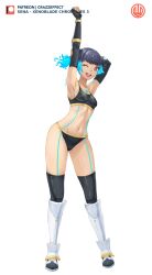 Rule 34 | 1girl, ;d, absurdres, artist logo, black panties, black sports bra, black thighhighs, blue hair, blunt bangs, breasts, chest jewel, crazzeffect, elbow gloves, fiery hair, fingerless gloves, full body, gloves, glowing lines, gluteal fold, highres, looking at viewer, medium breasts, midriff, navel, one eye closed, open mouth, panties, sena (xenoblade), smile, sports bra, thighhighs, underwear, xenoblade chronicles (series), xenoblade chronicles 3
