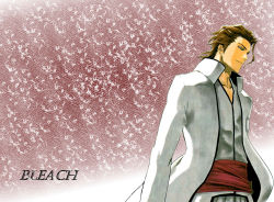Rule 34 | 00s, aizen sousuke, bleach, brown hair, copyright name, evil, highres, kubo tite, male focus, official art, official wallpaper, robe, solo, wallpaper, white robe