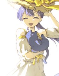 Rule 34 | 1girl, alternate costume, animal, baby carry, bare shoulders, bloom, blue hair, bow, cai (cabbage 0j0), carrying, cat, closed eyes, cowboy shot, detached sleeves, dress, facing viewer, hand on headwear, hat, hat bow, highres, holding, holding animal, holding cat, long hair, open mouth, over! (vocaloid), ponytail, puffy short sleeves, puffy sleeves, short sleeves, sidelighting, sleeveless, sleeveless dress, smile, solo, standing, straw hat, sundress, vocaloid, white background, white dress, white sleeves, yellow bow