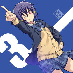 Rule 34 | 1girl, ;), arm up, artist logo, artist name, black jacket, blazer, blue background, blue bow, blue bowtie, blue hair, blue skirt, bow, bowtie, cardigan, commentary request, dress shirt, dutch angle, flower, hair flower, hair ornament, hand on own hip, jacket, long sleeves, looking at viewer, mizuno ai, one eye closed, open clothes, open jacket, pairan, plaid, plaid bow, plaid bowtie, plaid neckwear, plaid skirt, pleated skirt, pointing, pointing up, red eyes, shirt, short hair, skirt, smile, solo, white shirt, wing collar, yellow cardigan, zombie land saga