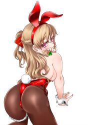 Rule 34 | 1girl, animal ears, ass, blonde hair, bow, bowtie, braid, breasts, bridal garter, brown pantyhose, covered navel, detached collar, fake animal ears, french braid, kantai collection, large breasts, leotard, long hair, looking at viewer, looking back, pantyhose, playboy bunny, purple eyes, rabbit ears, rabbit tail, red leotard, simple background, solo, strapless, strapless leotard, tail, udukikosuke, wavy hair, white background, wrist cuffs, zara (kancolle)