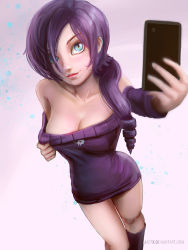 Rule 34 | 1girl, bare shoulders, black socks, blue eyes, boots, borrowed character, breasts, cellphone, cleavage, detached sleeves, dress, drill hair, hair ornament, hair over one eye, jaezx, kneehighs, light smile, lips, lipstick, long hair, makeup, medium breasts, no bra, nose, off-shoulder, off-shoulder sweater, off shoulder, original, phone, purple hair, selfie, short dress, skull hair ornament, smartphone, socks, solo, sweater, sweater dress, zone-tan