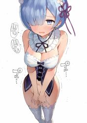 Rule 34 | 10s, 1girl, absurdres, blue eyes, blue hair, blush, bottomless, breasts, cleavage, covering privates, covering crotch, detached collar, embarrassed, foreshortening, gaou (umaiyo puyoman), hair over one eye, hair ribbon, highres, large breasts, maid, navel, no panties, nose blush, re:zero kara hajimeru isekai seikatsu, rem (re:zero), ribbon, short hair, simple background, solo, sweat, thighhighs, trembling, v arms, white background, white thighhighs