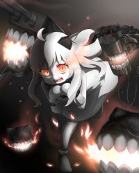 Rule 34 | 10s, 1girl, abyssal ship, ahoge, colored skin, dress, enemy aircraft (kancolle), glowing, glowing eye, highres, horns, kantai collection, long hair, looking at viewer, machinery, mittens, nedia (nedia region), northern ocean princess, orange eyes, turret, white dress, white hair, white skin