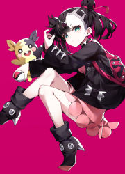 Rule 34 | 1girl, absurdres, backpack, bad id, bad pixiv id, bag, black footwear, black hair, black jacket, black nails, boots, closed mouth, creatures (company), dress, ear piercing, from side, game freak, gen 8 pokemon, green eyes, hair ribbon, hand up, highres, holding, holding poke ball, indol, jacket, legs, looking at viewer, looking to the side, marnie (pokemon), morpeko, nail polish, nintendo, piercing, pink dress, poke ball, poke ball (basic), pokemon, pokemon (creature), pokemon swsh, red background, red ribbon, ribbon, simple background, spikes, thighs, twintails, two side up
