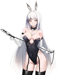 Rule 34 | 1girl, absurdres, alternate color, animal ears, bare shoulders, black thighhighs, blanc (nikke), blunt bangs, breasts, cleavage, covered navel, detached collar, elbow gloves, facial mark, garter straps, gloves, goddess of victory: nikke, grin, groin, highres, holding, holding whip, leotard, long hair, maviss 03, necktie, playboy bunny, rabbit ears, simple background, smile, solo, thighhighs, very long hair, white background, white gloves, white hair, wrist cuffs, yellow eyes