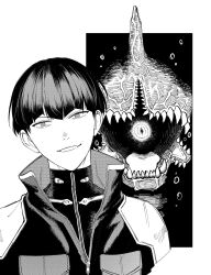 Rule 34 | 16onyx, 1boy, air bubble, bubble, commentary, eye in mouth, greyscale, highres, hoshina soshiro, jacket, kaijuu no. 8, looking at viewer, male focus, monochrome, monster, one-eyed, portrait, sharp teeth, shirt, short hair, slit pupils, smirk, symbol-only commentary, teeth, tight clothes, tight shirt, zipper
