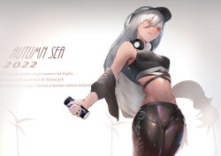 Rule 34 | 1girl, absurdres, alternate costume, arknights, bare shoulders, black hat, black pants, breasts, can, casual, crop top, english text, gradient background, hair between eyes, hat, highres, holding, holding can, long hair, long sleeves, looking away, low-tied long hair, medium breasts, navel, open clothes, outdoors, palm tree, pants, parted lips, red eyes, saigakobaru, skadi (arknights), smile, solo, stomach, tight clothes, tight pants, tree, very long hair