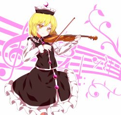Rule 34 | 1girl, black skirt, black vest, blonde hair, blush, crescent, hat, highres, instrument, long sleeves, looking at viewer, lunasa prismriver, musical note, rie-co, short hair, skirt, smile, solo, touhou, vest, violin, bow (music), white background, yellow eyes