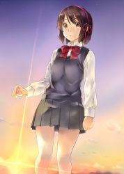 Rule 34 | 10s, 1girl, black skirt, bow, bowtie, brown eyes, brown hair, cloud, cloudy sky, collared shirt, commentary, crying, crying with eyes open, dress shirt, evening, hair between eyes, highres, horizon, kimi no na wa., matching hair/eyes, miyamizu mitsuha, nagayori, parted lips, pleated skirt, red bow, red bowtie, shirt, short hair, skirt, sky, solo, standing, string, string of fate, sunset, sweater vest, tears, teeth, white shirt