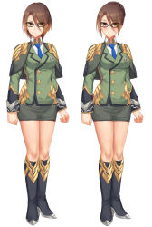 Rule 34 | 1girl, alternate hairstyle, blue footwear, boots, breasts, brown eyes, brown hair, buttons, closed mouth, full body, glasses, green jacket, green skirt, hair between eyes, high heel boots, high heels, jacket, knee boots, large breasts, legs together, long sleeves, looking at viewer, medal, military, military uniform, miniskirt, multiple views, pencil skirt, pin, short hair, simple background, skirt, standing, tonee, uniform, white background