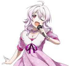 Rule 34 | 1girl, ;d, ahoge, bracelet, breasts, cleavage, collarbone, dress, holding, holding microphone, jewelry, large breasts, long hair, microphone, mole, mole on breast, neck ribbon, necklace, one eye closed, open mouth, pink dress, purple ribbon, red eyes, ribbon, silver hair, smile, solo, standing, strea (sao), sword art online, transparent background, upper body