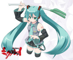 Rule 34 | 1girl, :o, amasa mitsunaru, aqua hair, arm up, commentary request, cropped legs, detached sleeves, green eyes, hair between eyes, hatsune miku, holding, long hair, microphone, necktie, pleated skirt, simple background, skirt, solo, spring onion, thighhighs, twintails, very long hair, vocaloid, white background, zoom layer