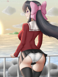 Rule 34 | 1girl, absurdres, ass, back, black hair, black thighhighs, bow, breasts, closed mouth, cloud, commentary request, hair bow, highres, large breasts, long hair, noihara himari, omamori himari, outdoors, panties, pantyshot, pink bow, pleated skirt, ponytail, purple eyes, school uniform, skirt, sky, smile, solo, standing, thighhighs, tsukare (ttsukae), underwear, water, white panties, zettai ryouiki
