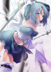 Rule 34 | 10s, 1girl, armpits, arms up, belt, blue eyes, blue hair, blurry, bustier, cape, depth of field, gloves, highres, lingerie, magical girl, mahou shoujo madoka magica, mahou shoujo madoka magica (anime), matching hair/eyes, midriff, miki sayaka, navel, nilitsu, short hair, solo, sword, thighhighs, underwear, weapon, white gloves, white thighhighs, zettai ryouiki