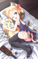Rule 34 | 1girl, animal ears, ass, bad id, bad pixiv id, bad proportions, bed, blush, brown hair, cat ears, cat tail, artistic error, fang, feathers, feet, hagoita, hanetsuki, highres, hug, legs, lying, morujii, multicolored hair, new year, on side, one eye closed, original, paddle, panties, poorly drawn, side-tie panties, solo, stuffed toy, tail, thighhighs, tiger, underwear, wink, wrong foot