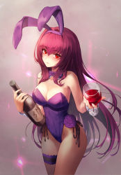 Rule 34 | 1girl, alcohol, animal ears, bad id, bad pixiv id, bare arms, bare shoulders, black ribbon, bottle, bow, breasts, bridal garter, brown pantyhose, cleavage, closed mouth, collarbone, cup, cupping glass, detached collar, drinking glass, fake animal ears, fate/grand order, fate (series), fishnet pantyhose, fishnets, glowing, gradient background, grey background, hairband, highleg, highleg leotard, highres, holding, holding bottle, holding cup, holding drinking glass, japanese clothes, kimono, kone (user rcvz8745), large breasts, leotard, long hair, looking at viewer, official alternate costume, pantyhose, playboy bunny, purple bow, purple hairband, purple leotard, purple neckwear, rabbit ears, ribbon, scathach (fate), scathach (piercing bunny) (fate), side-tie leotard, sidelocks, smile, solo, strapless, strapless leotard, very long hair, wine, wine bottle, wine glass, wrist cuffs