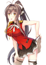 Rule 34 | 10s, 1girl, :p, amagi brilliant park, antenna hair, blush, bow, breasts, brown eyes, brown hair, clothes lift, cowboy shot, dance of eternity, frilled skirt, frills, hair bow, hand on own thigh, hand on thigh, high ponytail, highres, large breasts, leaning forward, long hair, looking at viewer, ponytail, sento isuzu, simple background, skirt, skirt lift, sleeveless, solo, thighhighs, tongue, tongue out, uniform, very long hair, white background, white thighhighs, zettai ryouiki