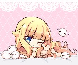 Rule 34 | 10s, 1girl, :o, = =, bed sheet, beelzebub-jou no okinimesu mama., beelzebub (beelzebub-jou), blonde hair, blue eyes, blunt bangs, blush, breasts, chibi, closed eyes, closed mouth, collarbone, commentary request, hair censor, hair flaps, hair over breasts, head tilt, large breasts, long hair, looking at viewer, lying, navel, nude, on stomach, one eye closed, parted lips, pink background, shachoo., solo, very long hair