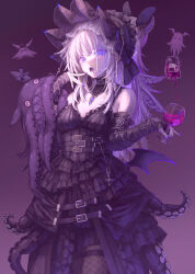 Rule 34 | 1girl, bare shoulders, belt, black dress, blood, blue eyes, blush, bonnet, breasts, corset, cup, detached collar, dress, elbow gloves, fishnet pantyhose, fishnets, frilled dress, frills, gloves, goth fashion, gothic lolita, hairband, highres, holding, holding cup, lolita fashion, lolita hairband, long hair, looking at viewer, octopus, open mouth, original, osobachan, pantyhose, purple background, simple background, small breasts, solo, tentacles, tentacles under clothes, vampire