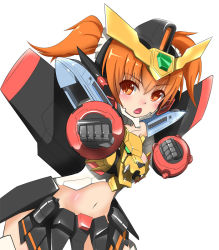 Rule 34 | 1girl, :o, airplane wing, black skirt, blush, clenched hands, frame arms girl, gaogaigar, gaogaigar (crossframe girl), midriff, navel, open mouth, orange eyes, orange hair, personification, sankakukin gear, skirt, solo, twintails, v-fin, v-shaped eyebrows, white background, yuusha ou gaogaigar, yuusha series