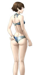 Rule 34 | 1girl, ass, bikini, braid, brown hair, from behind, looking at viewer, looking back, niijima makoto, ozkh, parted lips, persona, persona 5, red eyes, short hair, simple background, solo, swimsuit, white background