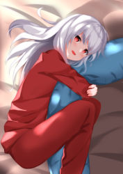 Rule 34 | 1girl, :d, bed sheet, commentary request, dakimakura (object), feet out of frame, kogyokuapple, long hair, long sleeves, looking at viewer, lying, hugging object, on side, open mouth, original, pajamas, pants, pillow, pillow hug, red eyes, red pajamas, red pants, red shirt, shirt, silver hair, smile, solo
