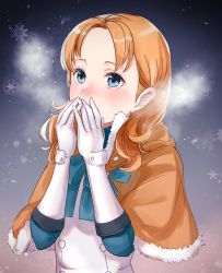Rule 34 | 1girl, annette fantine dominic, blue bow, blue eyes, blush, bow, brown capelet, capelet, cold, commentary, covered mouth, elbow gloves, fire emblem, fire emblem: three houses, forehead, fur-trimmed capelet, fur trim, gloves, haru (nakajou-28), nintendo, orange hair, parted bangs, snow, snowflakes, snowing, solo, white gloves
