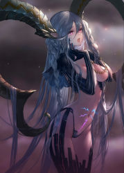 Rule 34 | 1girl, braid, breasts, command spell, cowboy shot, curled horns, dark persona, fangs, fate/grand order, fate (series), female focus, grey hair, hands up, highleg, highres, horns, long hair, medium breasts, navel, no bra, open mouth, pink eyes, pointy ears, pubic tattoo, revealing clothes, shrug (clothing), solo, stomach, stomach tattoo, striped, swd3e2, symbol-shaped pupils, tattoo, tiamat (fate), twin braids, very long hair, x-shaped pupils