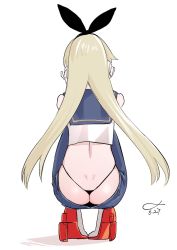 Rule 34 | 1girl, ass, black hairband, black panties, blonde hair, blue pants, blue sailor collar, butt crack, crop top, dated, denim, dimples of venus, downpants, from behind, hairband, highleg, highleg panties, highres, jeans, kantai collection, long hair, panties, pants, rudder footwear, sailor collar, shimakaze (kancolle), shishanmo, signature, simple background, solo, squatting, underwear, whale tail (clothing), white background