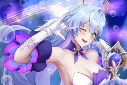 Rule 34 | 1girl, bare shoulders, blue hair, breasts, cleavage, dress, gloves, green eyes, grin, halo, head wings, honkai: star rail, honkai (series), large breasts, light blue hair, long hair, looking at viewer, microphone, one eye closed, open mouth, robin (honkai: star rail), smile, solo, sphere-stc, white dress, wings